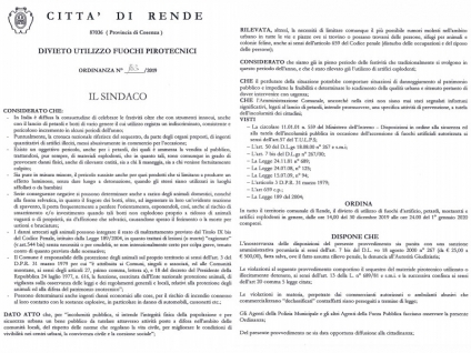 Rende - Il sindaco Manna firma ordinanza di divieto di sparare botti e fuochi d’artificio