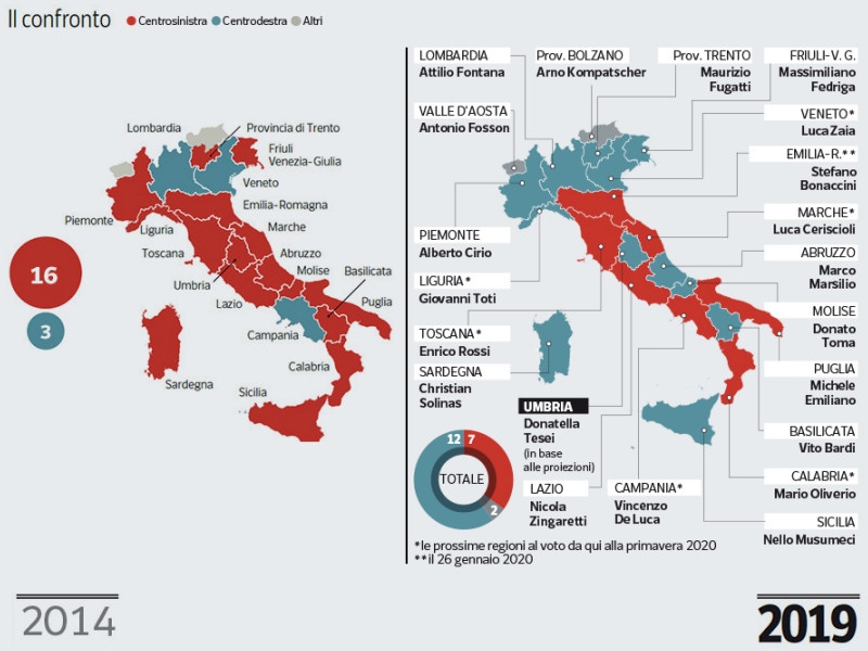 Voto in Umbria: da rosse ad azzurre, la mappa delle Regioni italiane