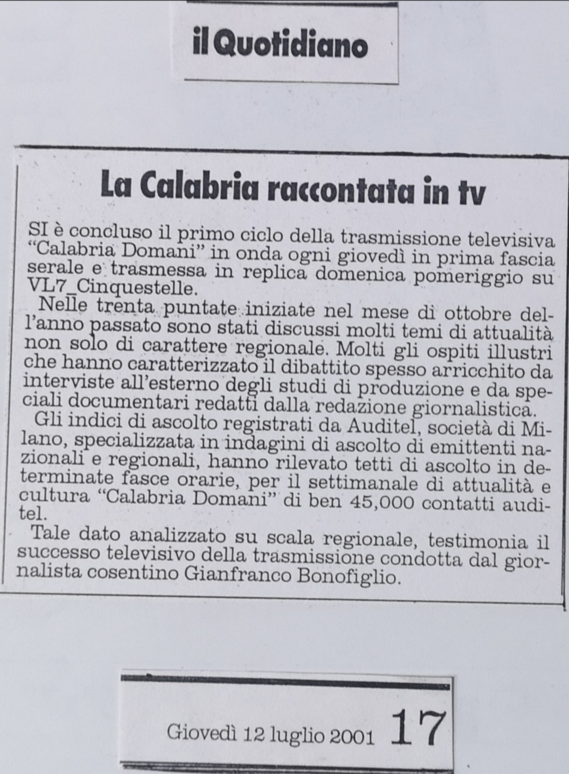 Articolo Quotidiano del Sud 12 luglio 2001